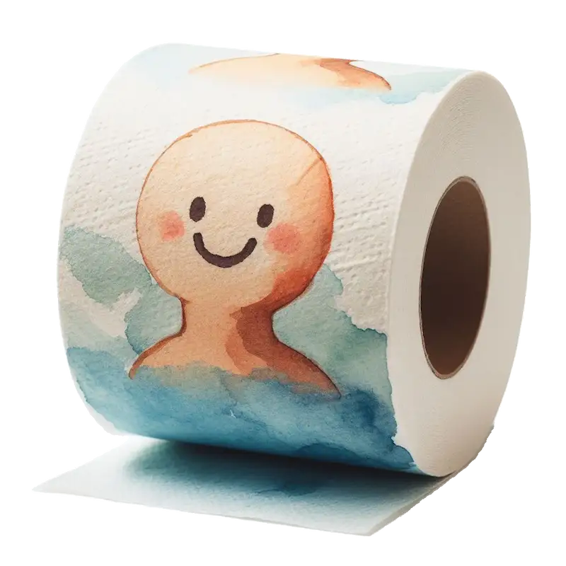 A toilet roll with a friendly placeholder face painted onto it.
