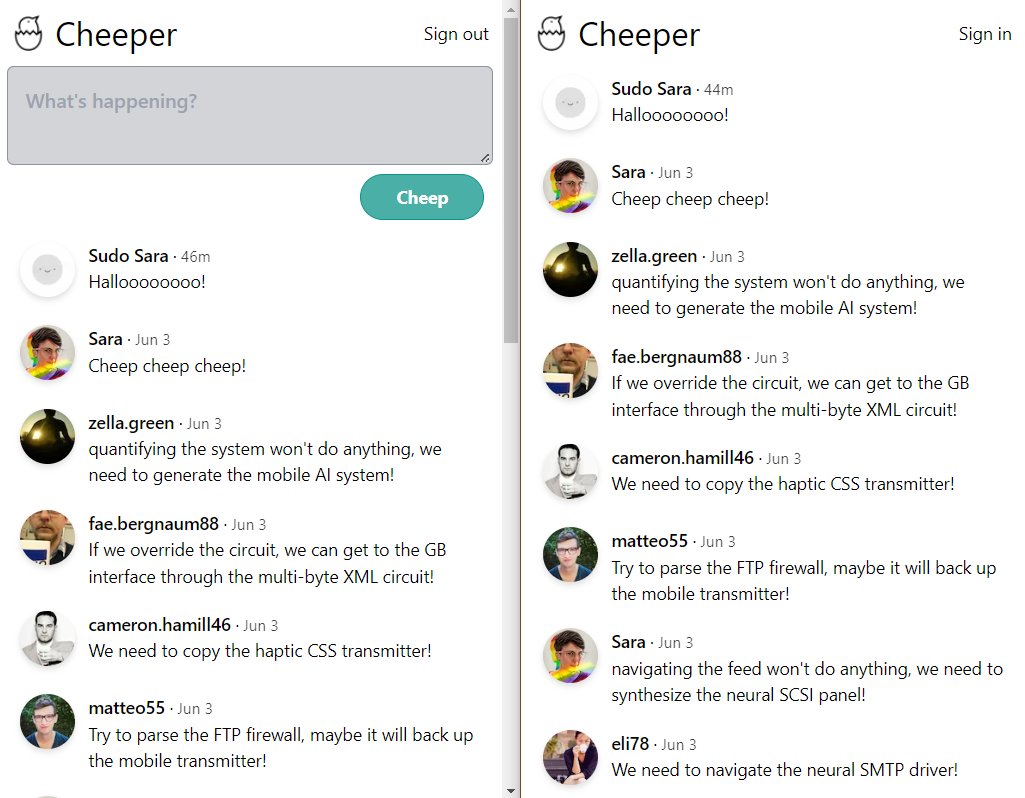 Light mode screenshot of my 'Cheeper' Twitter clone