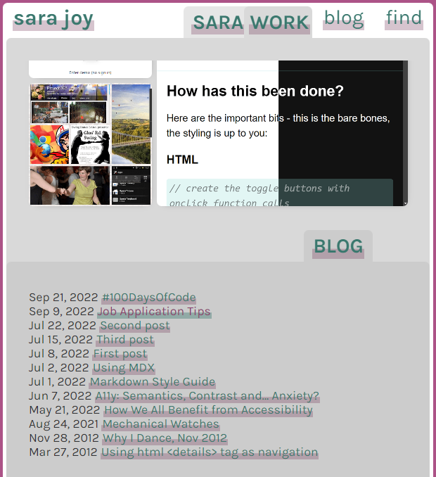 A screenshot of Sara's new website in progress, the links are a sort of teal green with a purple inset shadow under/behind them. One of the placeholder blog links is being hovered, that has the colours reversed, purple text with a green shadow.