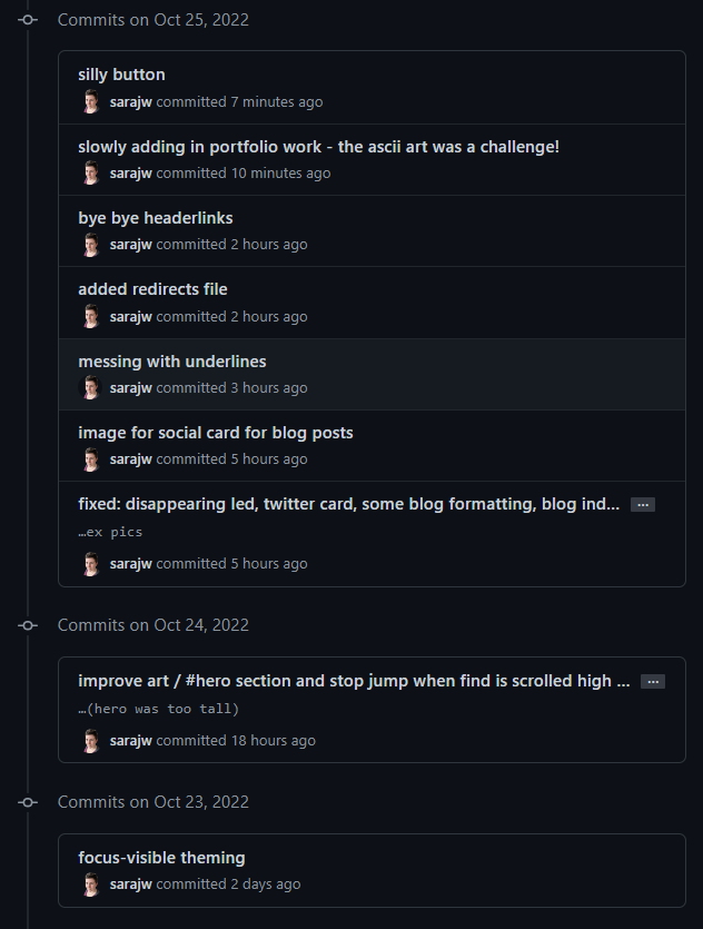 GitHub commit logs, with amusing commit messages like "silly button" and "messing with underlines"