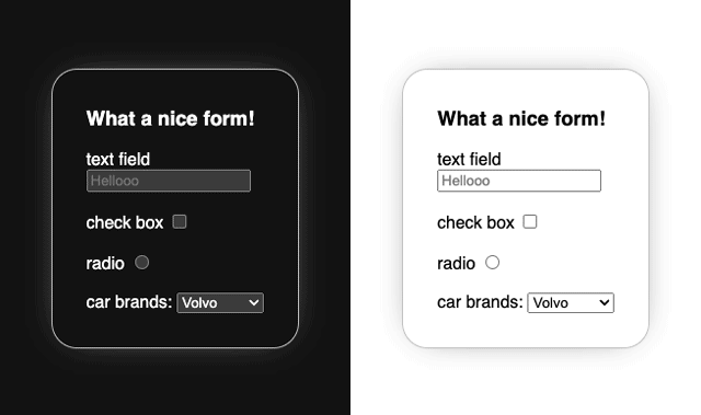 A simple mock form, in both light and dark mode.