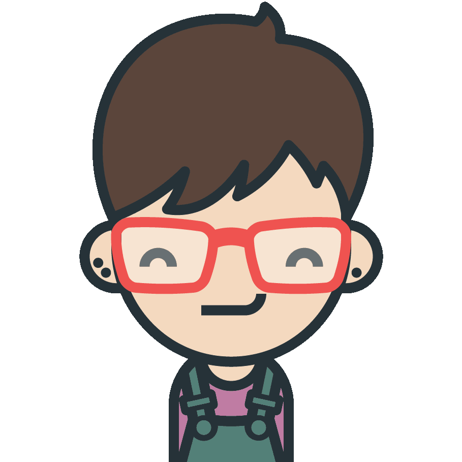 A cartoon avatar of Sara by Andy Carolan. It has sideswept short hair, red rectangular-framed glasses, happy closed eyes, and a sideways smile. It is wearing a purple top and sage green dungarees.