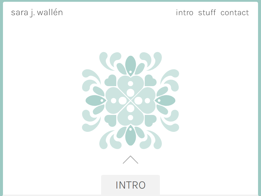 Sara's main landing page - the screenshot shows the nagivation of the website with the INTRO: 'Hi! Welcome :)' and STUFF: 'Web Development & Design' tabs in view