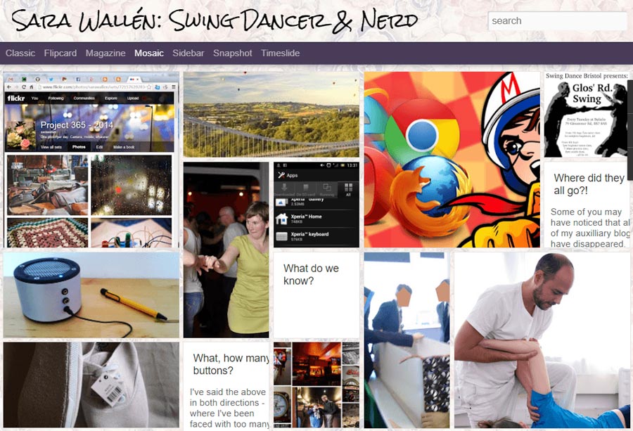 A bunch of image tiles showing the most recent (but still very old) posts on my Blogger blog.