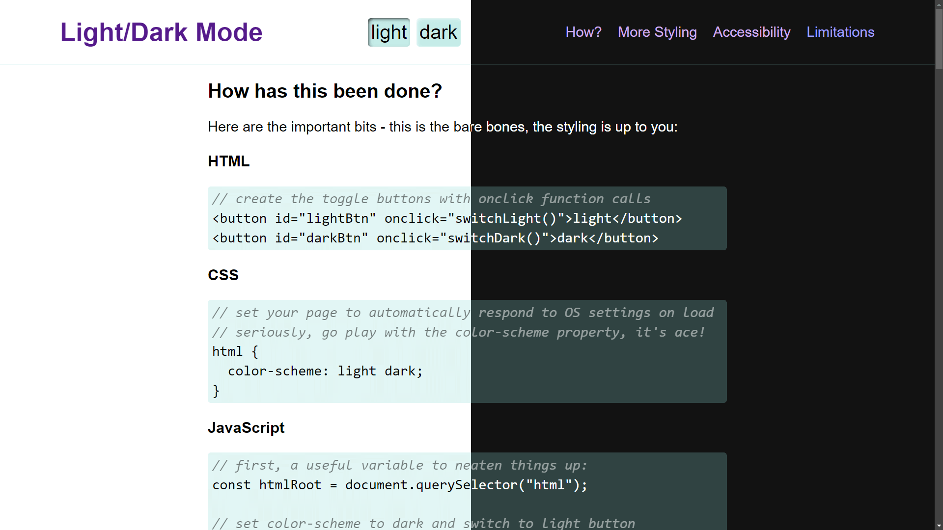 Screenshot of small explainer site - split into two halves, one light one dark
