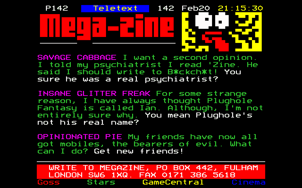 Mega-zine teletext mock-up - pixellated neon letters and blocky image with a tongue sticking out on a black background