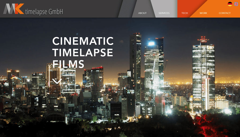 MK timelapse GmbH desktop website screenshot. The hero image is a skyscraper under construction.